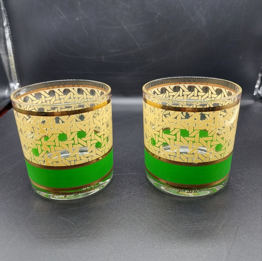Vintage George Briard ART DECO Gold Painted Old Fashion Glasses Barware MCM